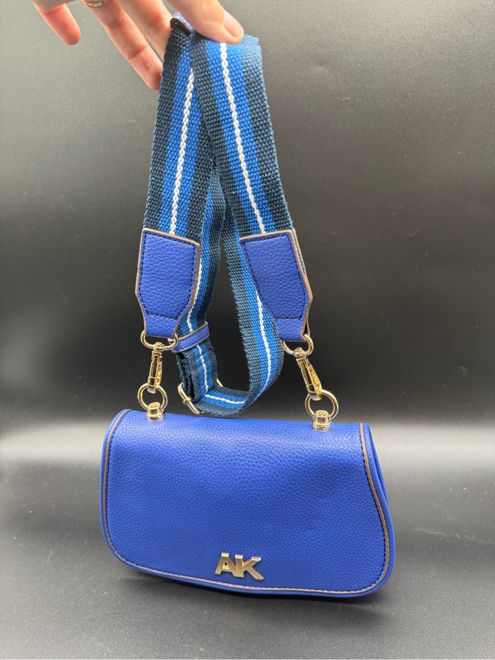 Anne Klein AK Blue Crossbody Bag Striped Strap Matching Coin Pouch Gold Tone